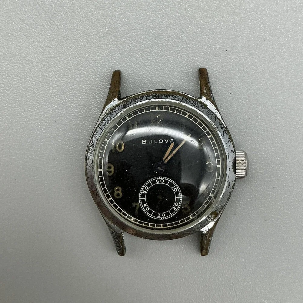 Vintage 1940s Military Bulova WWII Era Mens Watch 30mm Black Dial Not Running